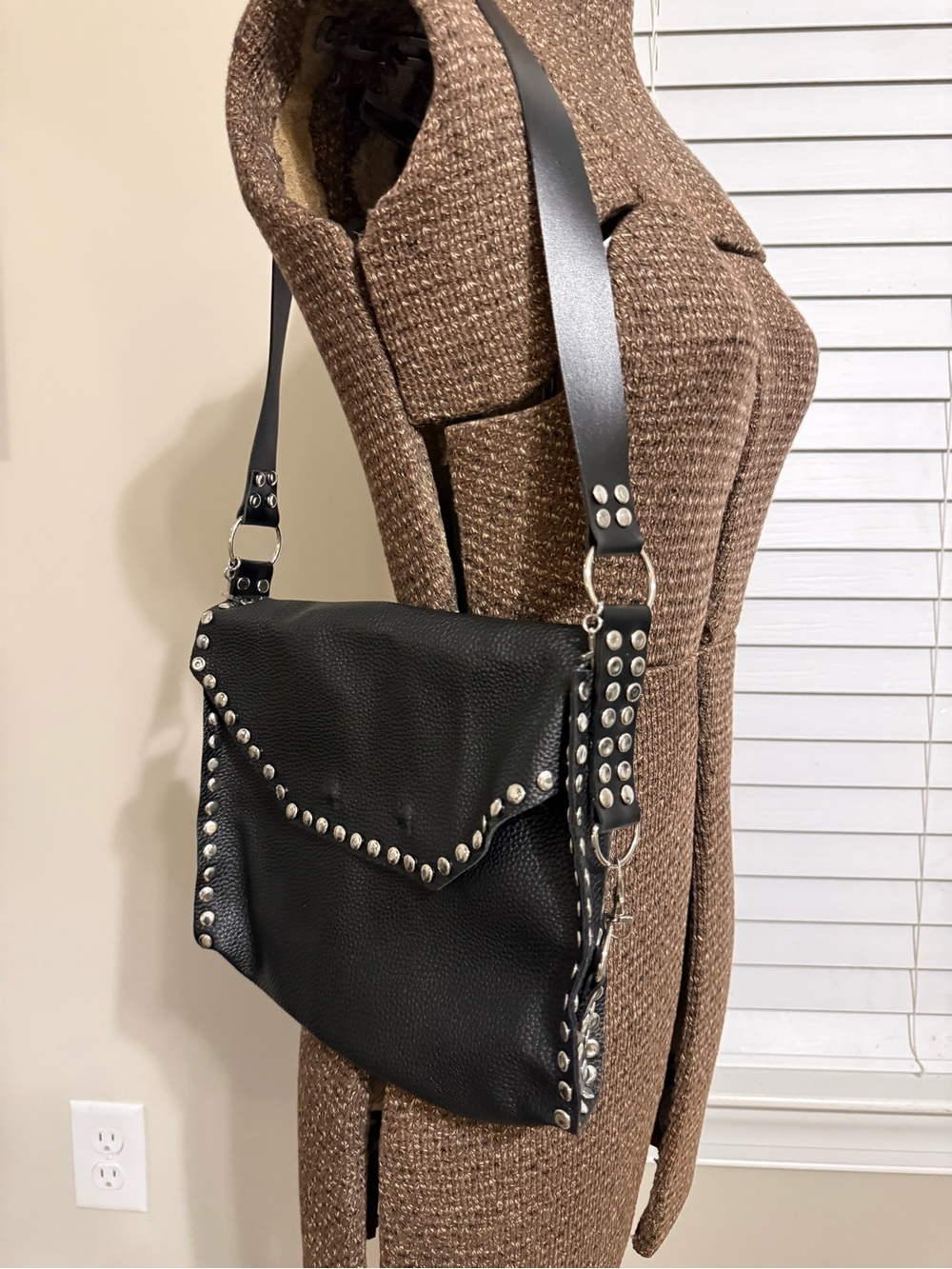 Black Studded Leather Crossbody Bag - Unbranded